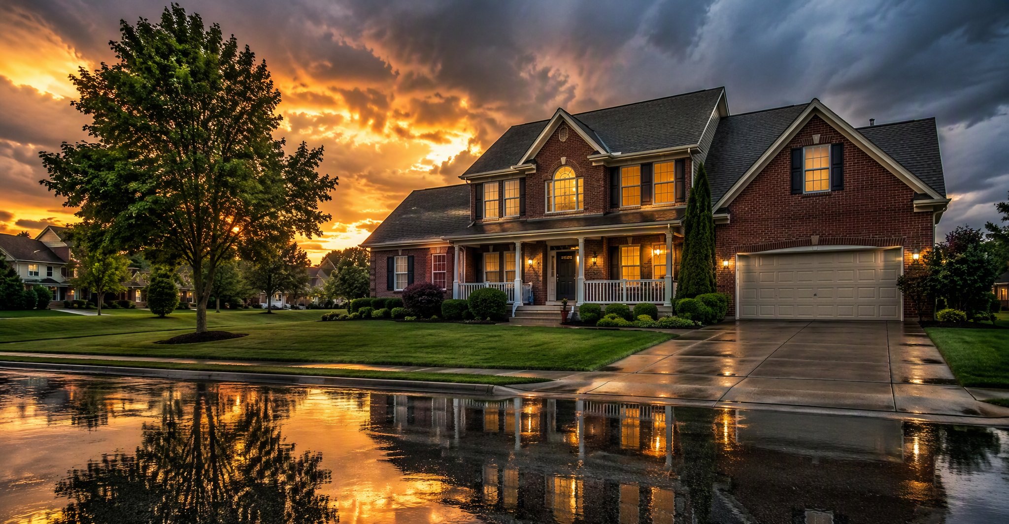 Two-story brick Omaha home with a covered porch at golden hour after a thunderstorm, wet street reflecting the sky